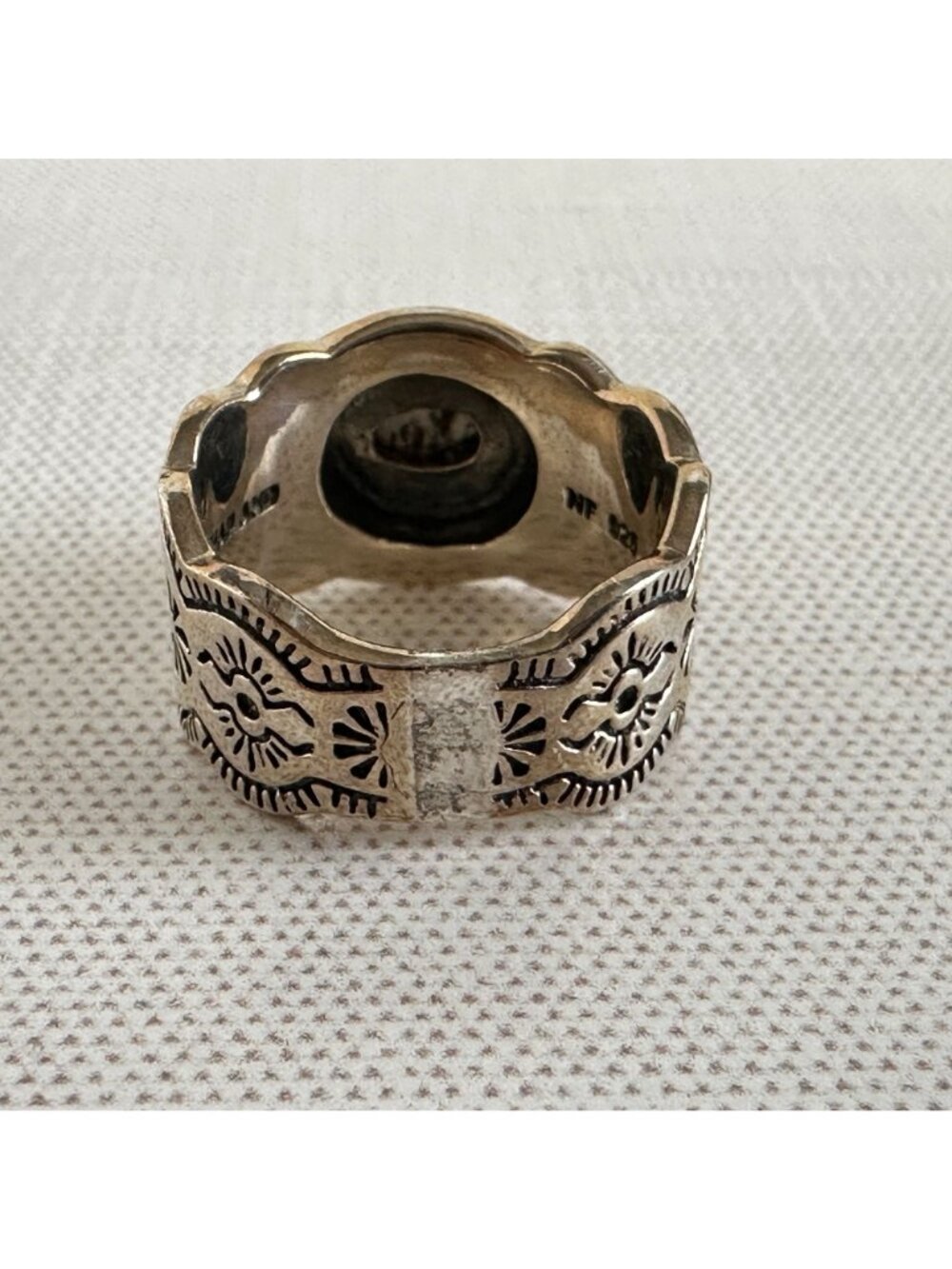 Southwestern Style Sterling Silver White Buffalo Stone Stamped Band Ring - Picture 4 of 6